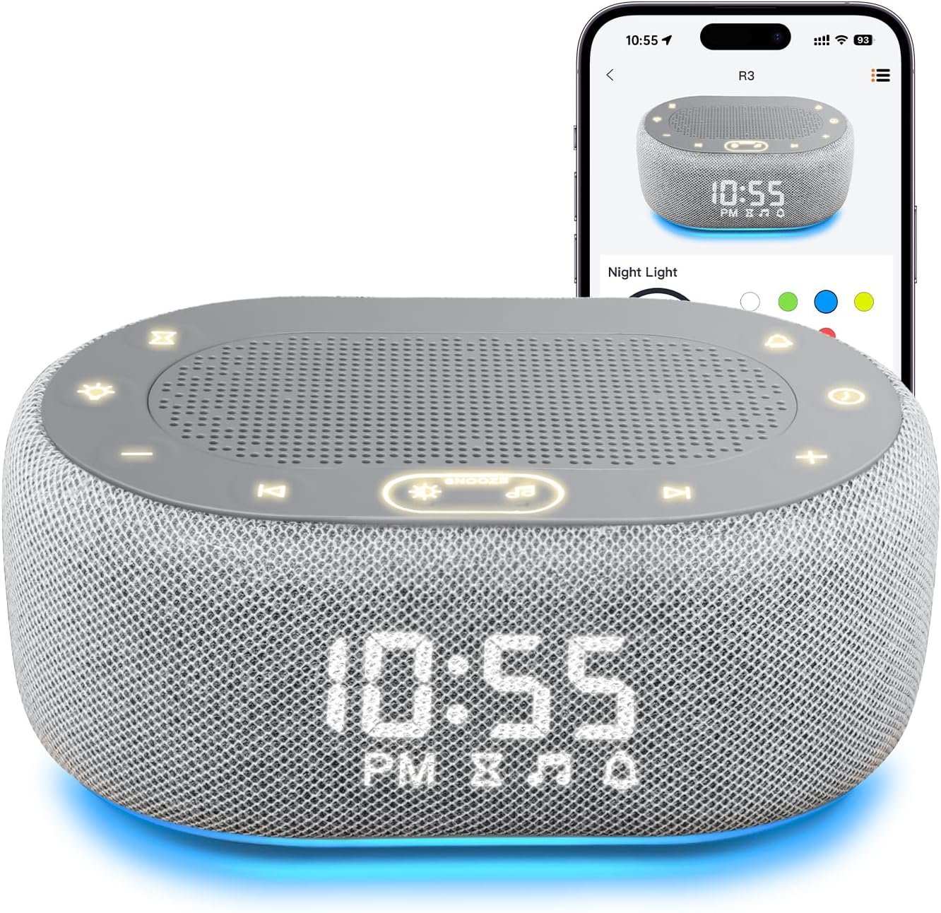 1Mii White Noise Machine with Alarm Clock, Sound Machine for Sleep for Adult Baby, Smart App Controlled，30 Soothing Sounds, Sleeping Timer, Dimmable 7-Color Night Light, 30 Volume Levels – Grey