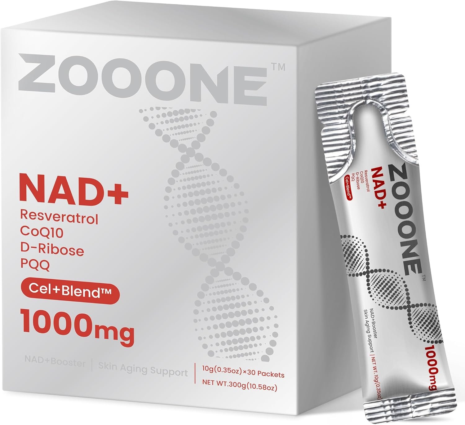 zooone NAD+ Liquid Packets 1000mg, NMN Supplement Alternative with Aging-Supportive Resveratrol, CoQ10, D-Ribose & PQQ for Cellular Energy, 30 On-The-Go Single Serve Packets
