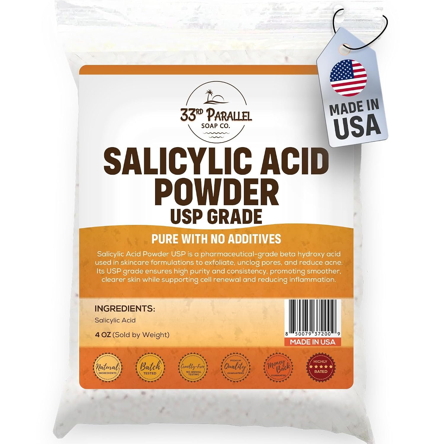 Salicylic Acid Powder USP Grade (4oz) | Professional BHA Exfoliant for DIY Skincare, Serums, Peels & Toners – High Purity Ingredient for Clear, Smooth Skin | 4 OUNCES