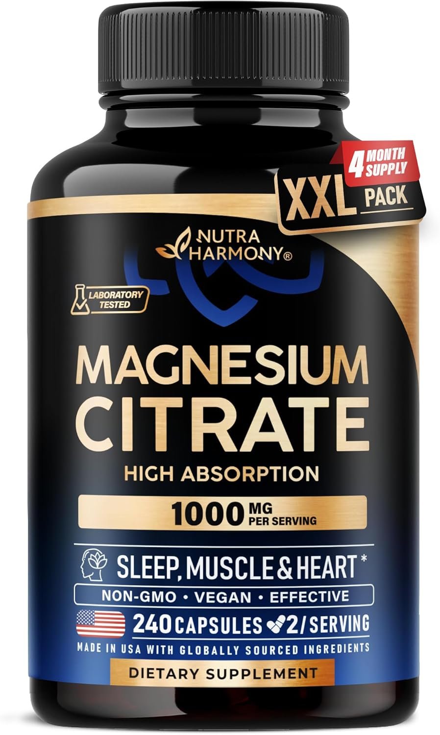 Magnesium Citrate Capsules 1000mg | High Absorption Supplement – Sleep, Muscle & Heart Support – Vegan | Non-GMO – for Women & Men – As Powder | Pills | Tablets – 240 Capsules, 4 Month Supply