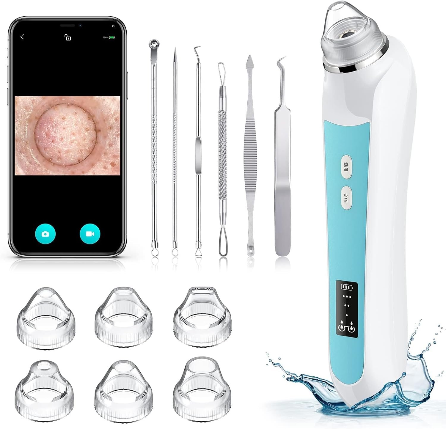Facial Pore Blackhead Remover Vacuum, 1080P Camera Blackhead Remover, 20x Zoom, 8 LEDs ＆ 3 Suction Modes, 800mAh Battery & USB – 6 Heads Pore Cleaner Kit for Women&Men(Blue)