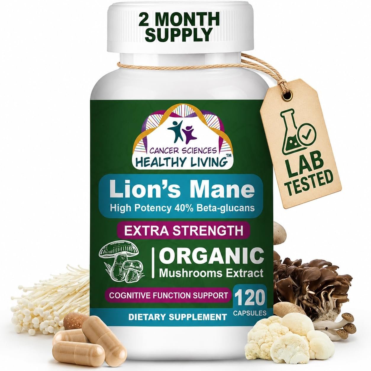 Organic Lions Mane Mushroom Supplement Capsules for Men & Women – 1,500mg Brain Supplements for Memory & Focus – High Potency 40% Beta-Glucans – Nootropic Mushroom Complex, 120 Count