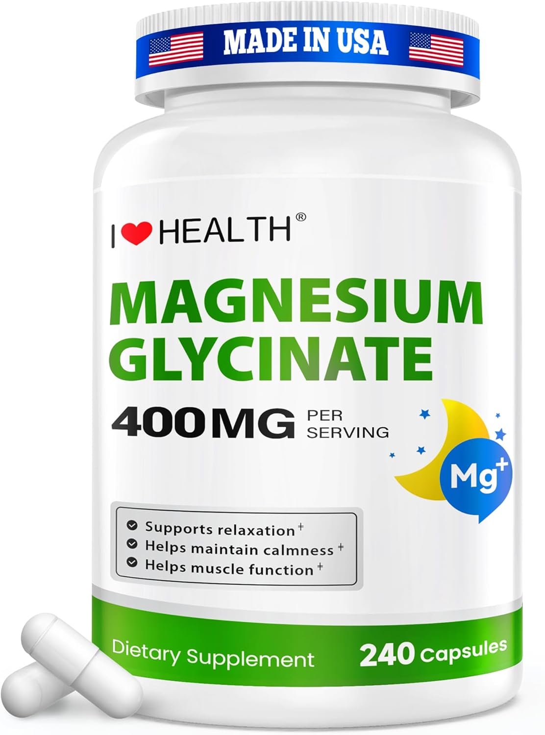 Magnesium Glycinate 400mg per Capsule – 240 Capsules – High Absorption Magnesium Supplement for Relaxation, Calmness & Muscle Support – Gentle on Stomach – for Men and Women – Made in USA