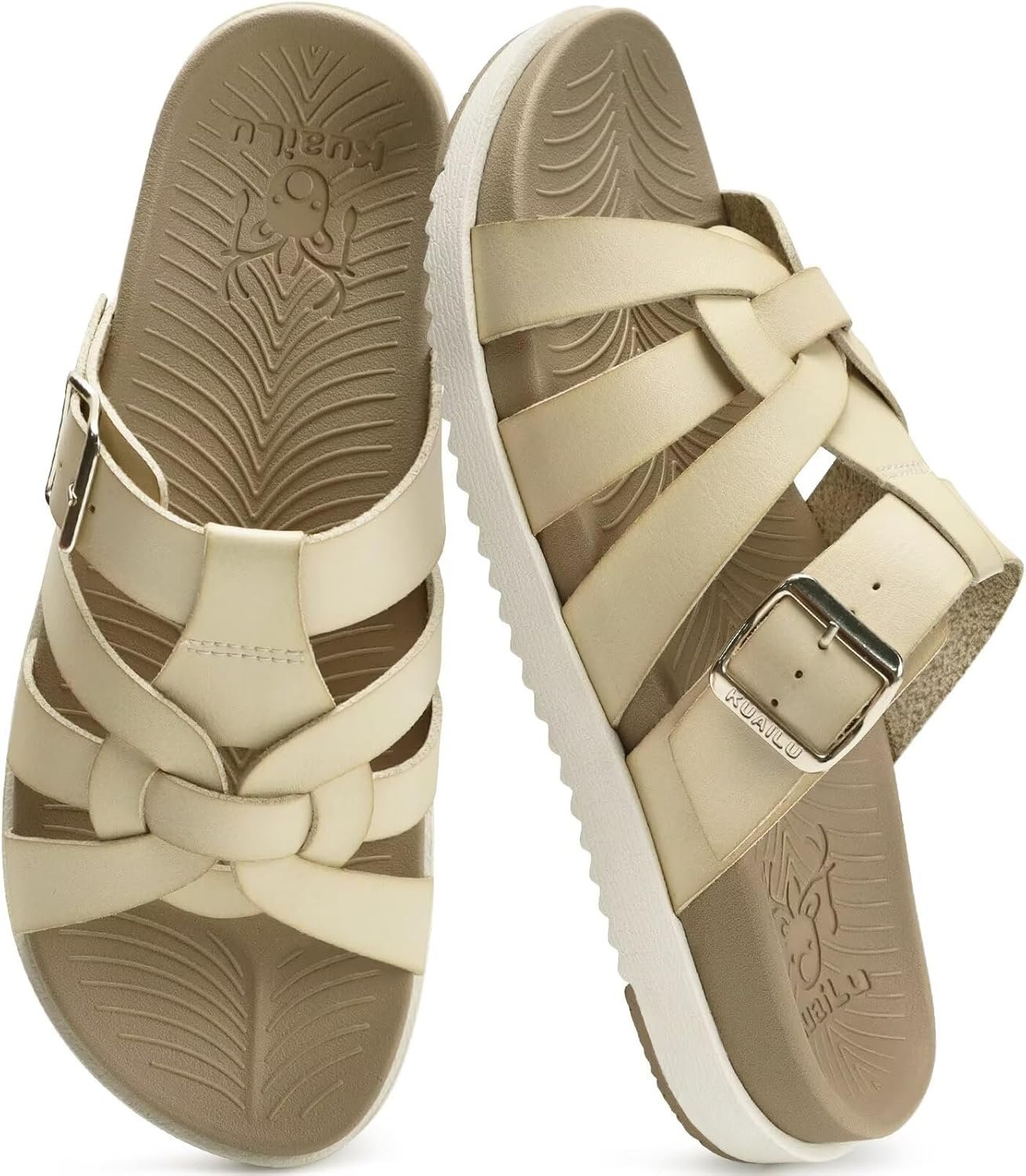 KuaiLu Gladiator Sandals for Women with Comfortable Arch Support Summer Beach Walking Fisherman Slides Boho Outfits Flats Slip on Cushion Shoes Indoor Outdoor