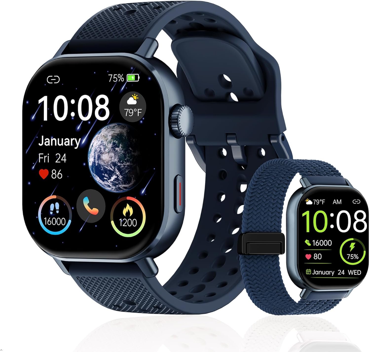 2026 Distance & Pace GPS Running Watch for Runners – Call & Text, AMOLED Large Screen, 50m Waterproof Swimming, Calorie & Step Counter, 2 Bands, Long Battery, for Seniors Men Women（Blue）