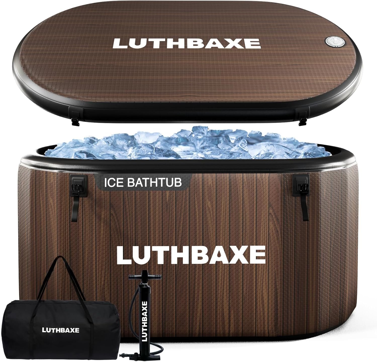 XXL Ice Bath Tub for Athletes – 216 Gallon Cold Plunge Tub, Drop Stitch Technology, Compatible with Water Chillers, Insulated Lid & Thermometer, Portable Indoor Outdoor Recovery (wood grain)