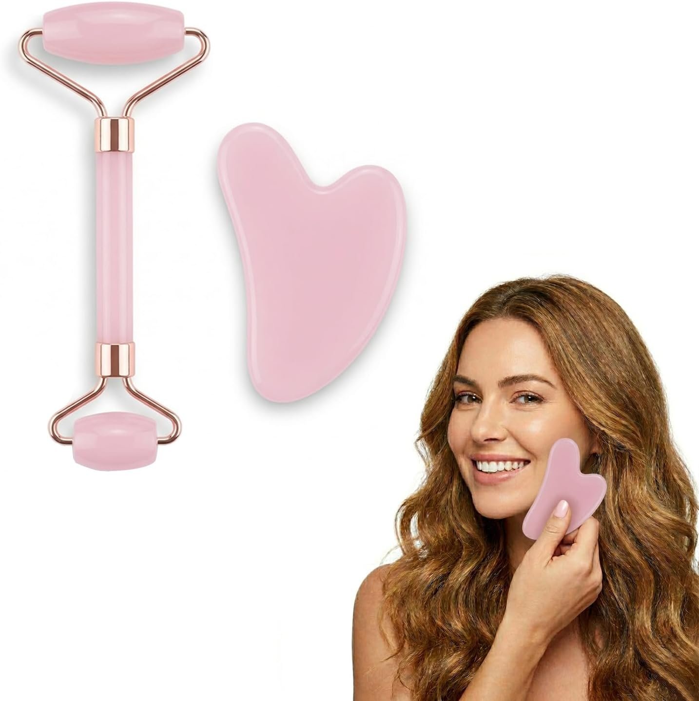 Gua Sha Facial Tools & Rose Quartz Jade Roller for Face – Massage Massager Set for Women Skin Care, Cooling Eye Roller, Jawline Sculpting Tool & Neck Contouring