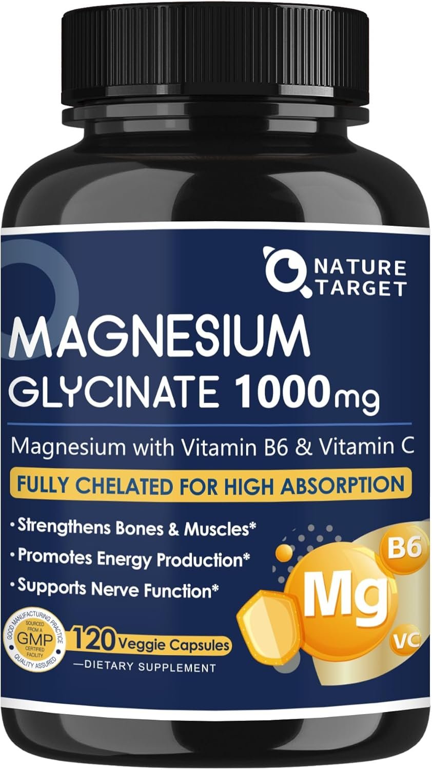 NATURE TARGET Magnesium Glycinate 1000mg – Magnesium Supplements with Vitamins C & B6 for Muscle, Nerves, Heart, Energy & Immune Health, 100% Chelated Magnesium for Max Absorption – Vegan,120 Capsules