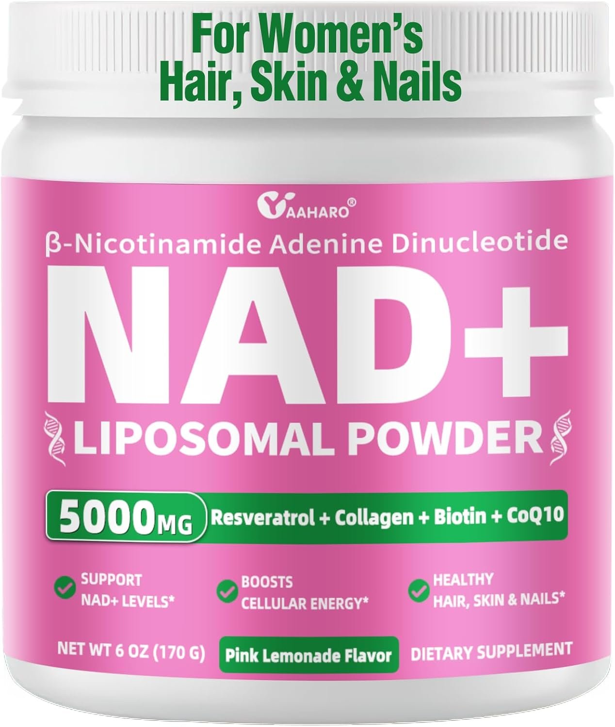 NAD Supplements for Women 5000mg, Liposomal NAD+ Powder with Resveratrol, Collagen Peptides, Biotin, CoQ10 & TMG for Healthy Aging, Cellular Energy, Hair Skin & Nails, Pink Lemonade Mix, 34 Servings