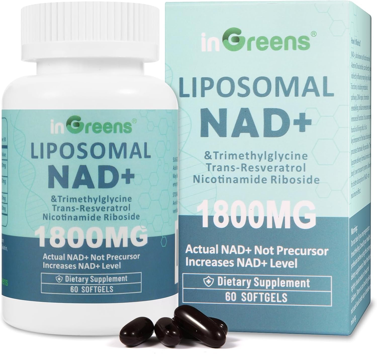 inGreens Liposomal NAD+ Supplement 1800 mg with Nicotinamide Riboside, Trans-Resveratrol & Trimethylglycine – NAD+ Nutrient Support Formula, High-Potency Liposomal Softgels, 120 Count