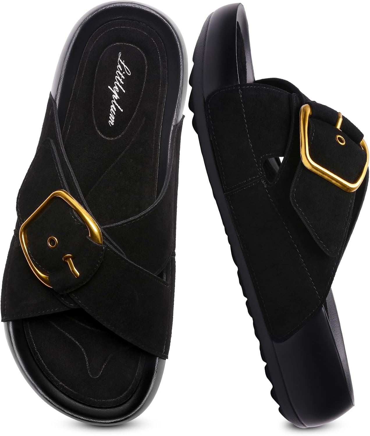 Littleplum Women’s Slides Sandals with Arch Support – Soft Cushion Platform Wedge Sandals with Adjustable Buckle for Indoor/Outdoor, Lightweight Walking Beach Resort Slippers Black Size 9