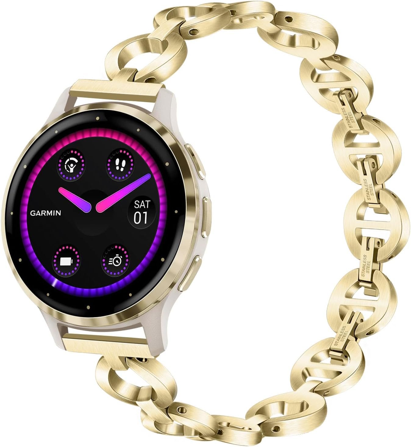 Dhwazz Women Band for Venu 3S / Venu 4 41mm Smart Watch, Stainless Steel Jewelry Watchband Soft Gold Strap for Garmin Venu 2S / Forerunner 265S