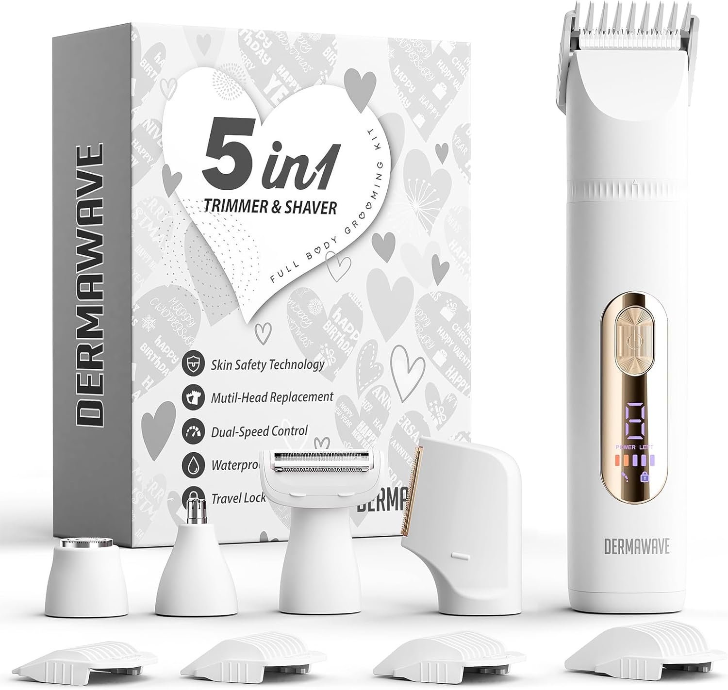 DERMAWAVE 5-in-1 Electric Bikini Trimmer for Women Pubic Hair, Waterproof Electric Razor Foil Shaver Hair Trimmer Epilator for Face, Nose, Ear, Bikini Line Area, Body, Leg, USB-C Rechargeable, White