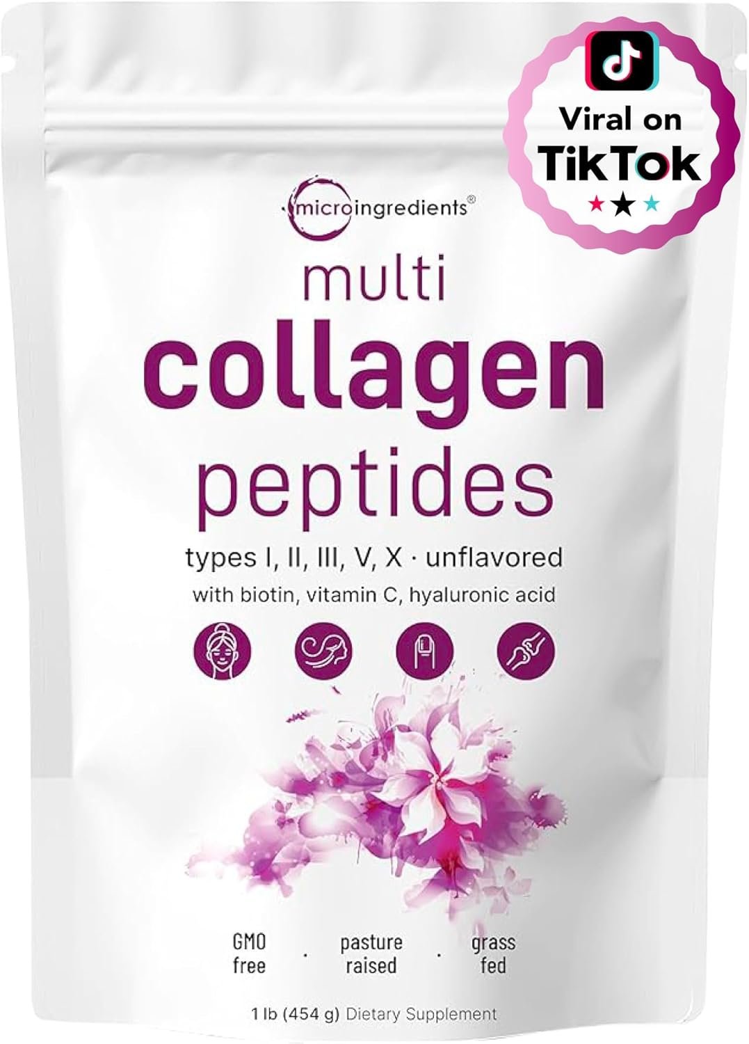 Micro Ingredients Multi Collagen Peptides Powder, 1lb (41 Servings) – Hydrolyzed Type I,II,III,V,X with Biotin, Hyaluronic Acid, Vitamin C – Unflavored Collagen for Women & Men, Easy Dissolve