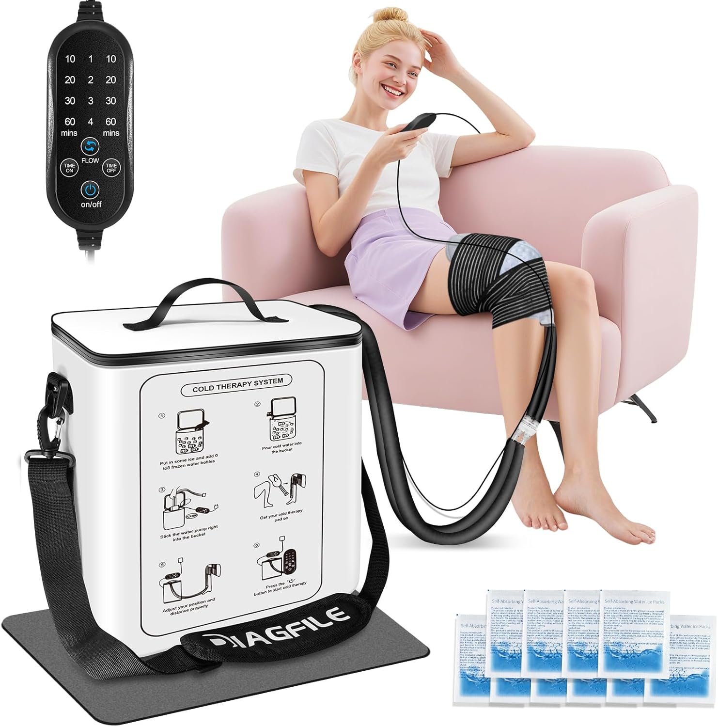 Cold Therapy Machine, Portable Ice Machine for Knee After Surgery, Knee Replacement Recovery System, Programmable Timer, Cryotherapy Pain Relief, w/Compression Pad for Shoulder, Hip and Ankle