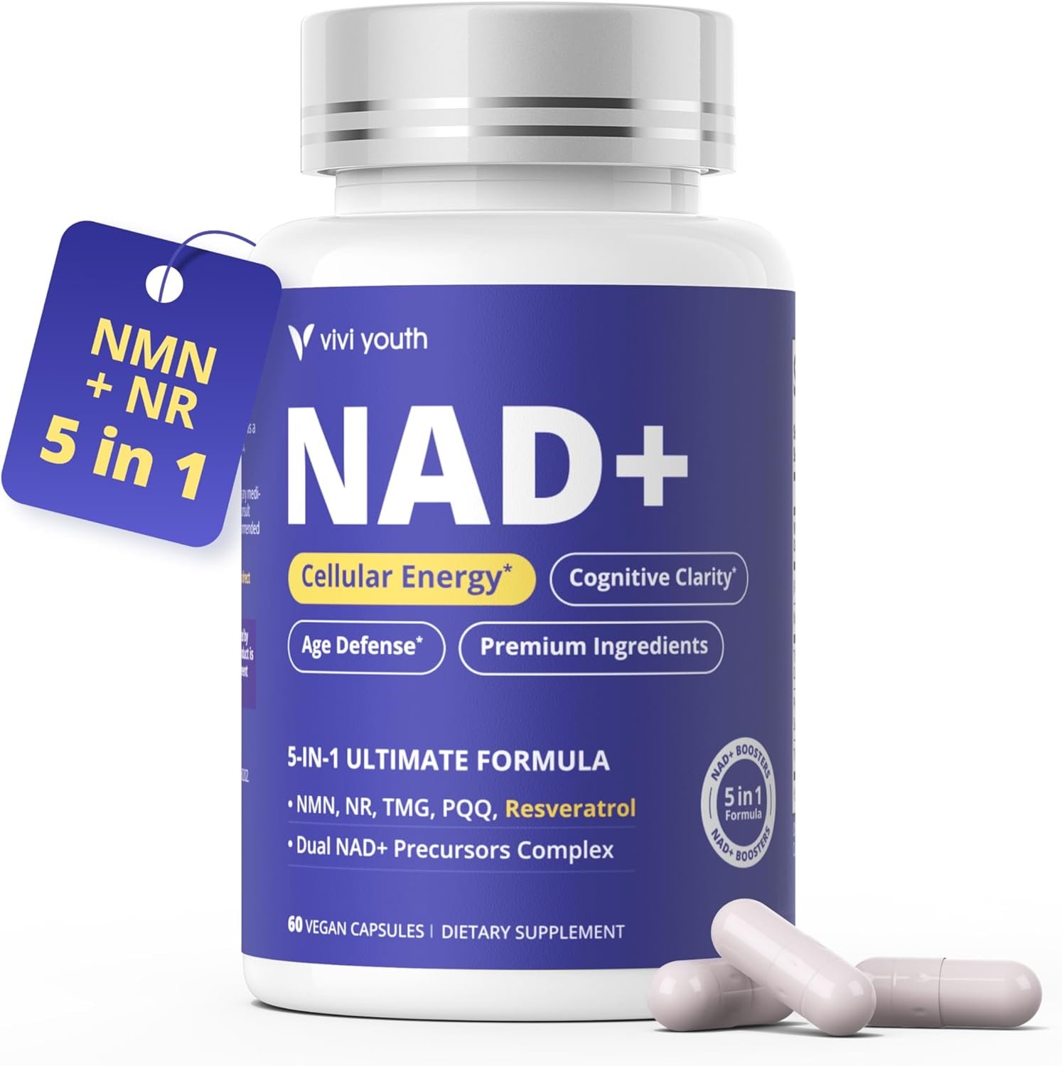 NAD+ Supplements for Women — Multi-Pathway NMN 250mg, NR 100mg, Resveratrol, PQQ & Betaine for Cellular Energy, Focus & Metabolic Health, 60 Capsules