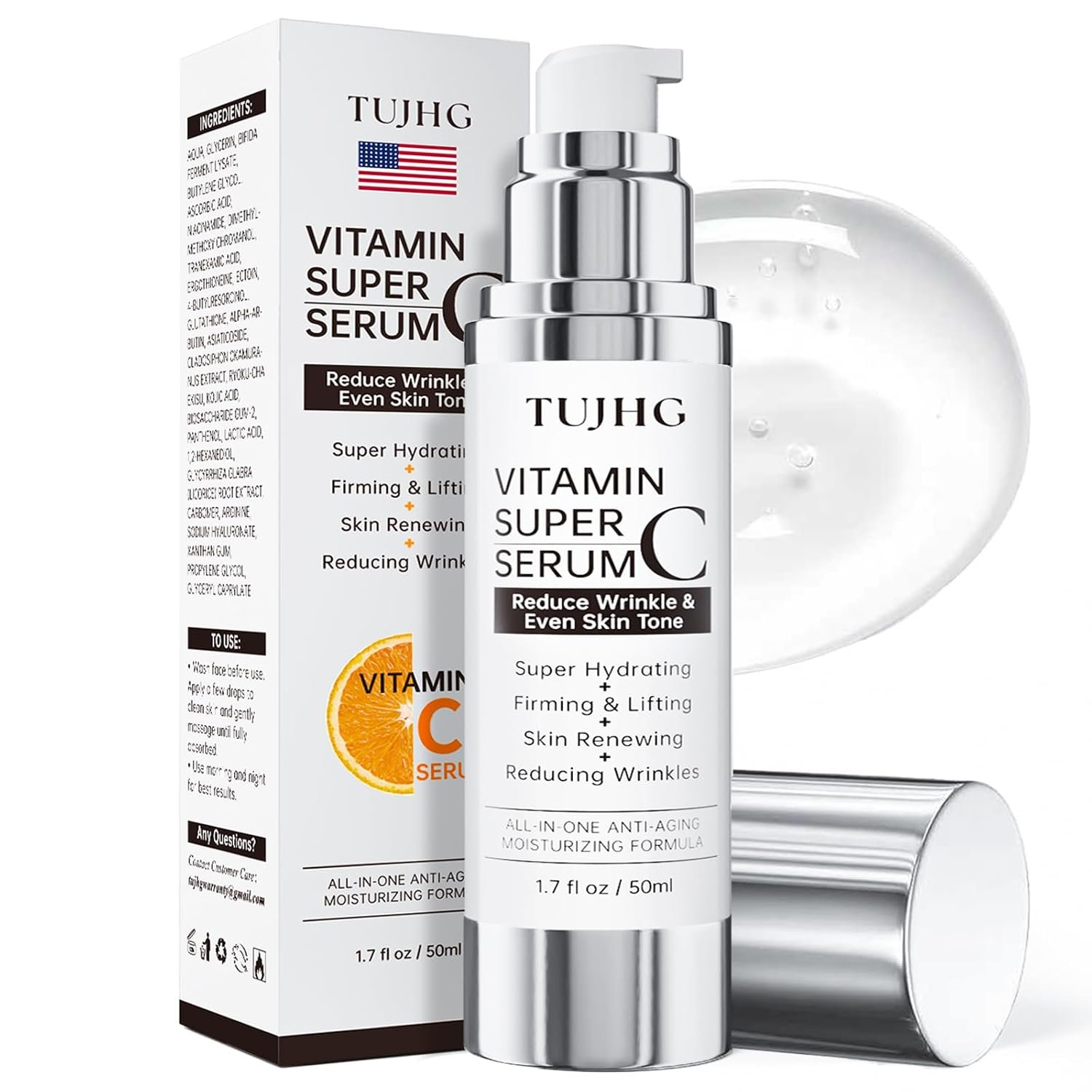 Vitamin C Retinol Serum for Face, Brightening & Anti-Aging with Hyaluronic Acid, Vitamin E, Peptides, Collagen – Hydrates, Firms, Lifts, Smooths, Targets Age Spots, Wrinkles, 1.7 Fl Oz