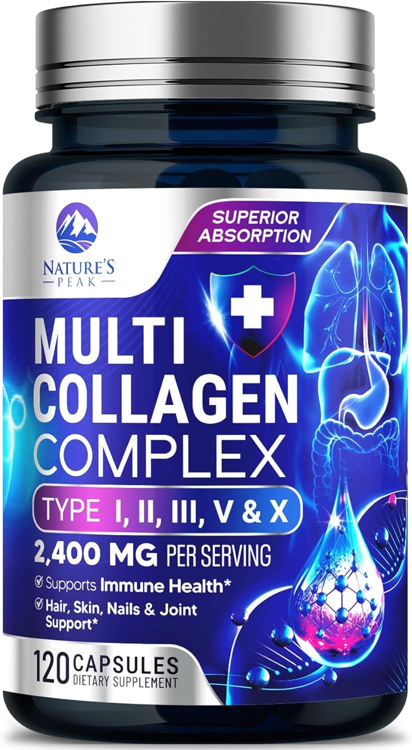 Multi Collagen Peptides Supplement for Hair, Nail, Skin – Type I, II, III, V, X, Collagen Powder Pills – Grass-Fed, Hydrolyzed for Bone and Joint Support for Women & Men, Non-GMO – 120 Capsules