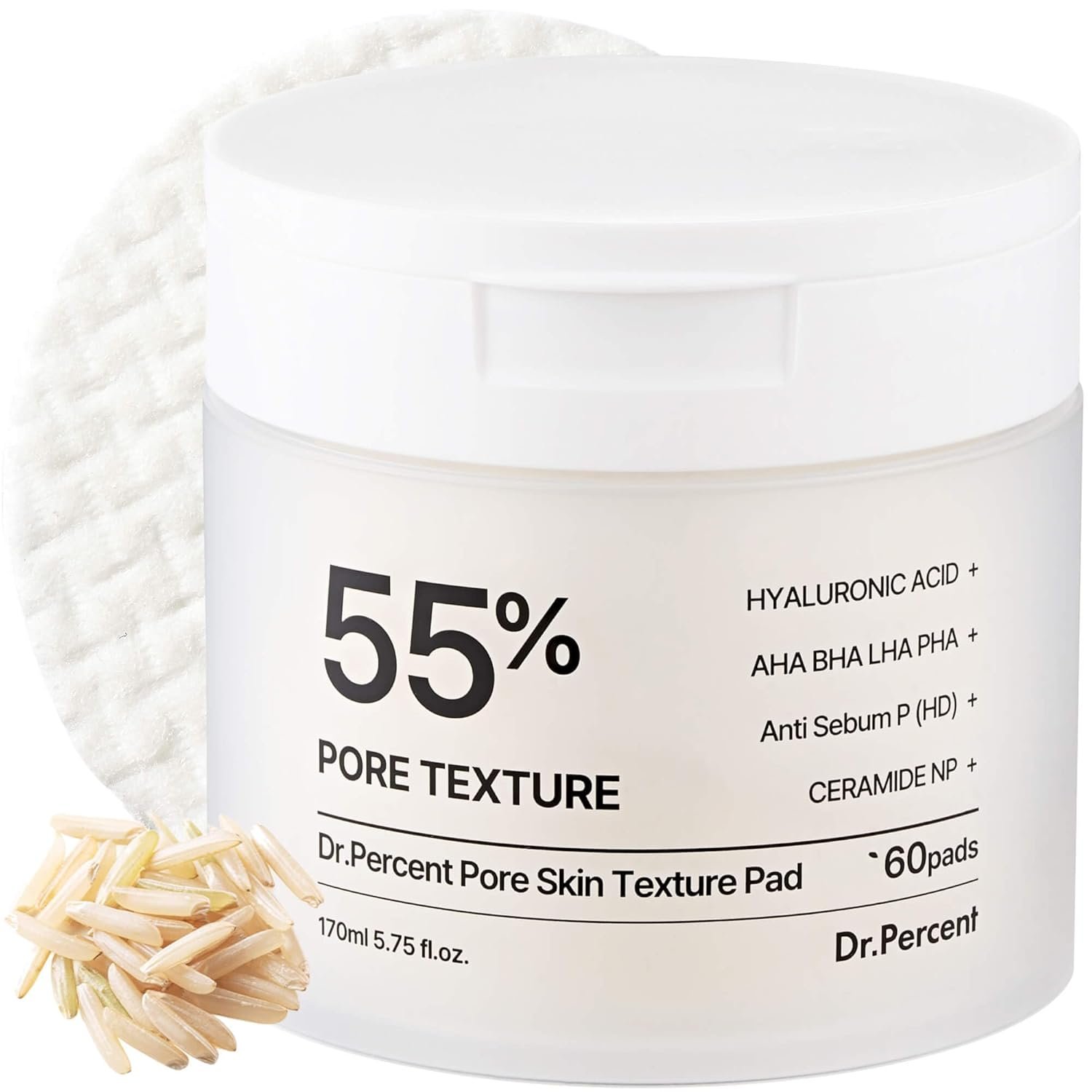 Pore 55% Skin Texture Pad – AHA BHA LHA, Retinol & Rice Extract for Enlarged Pores, Sebum Control, Exfoliating Toner Pads for Glass Skin, Non-Irritating, Korean Skincare(60ct)