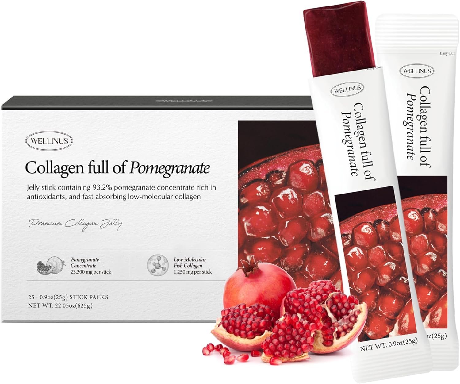 WELLINUS Korean Marine Collagen Jelly Sticks – Pomegranate Marine Collagen Peptides for Glowing Skin, Hair & Nails, Anti-Aging Beauty Supplement, Sugar-Free, Halal & GMO-Free, 25 Travel Packs