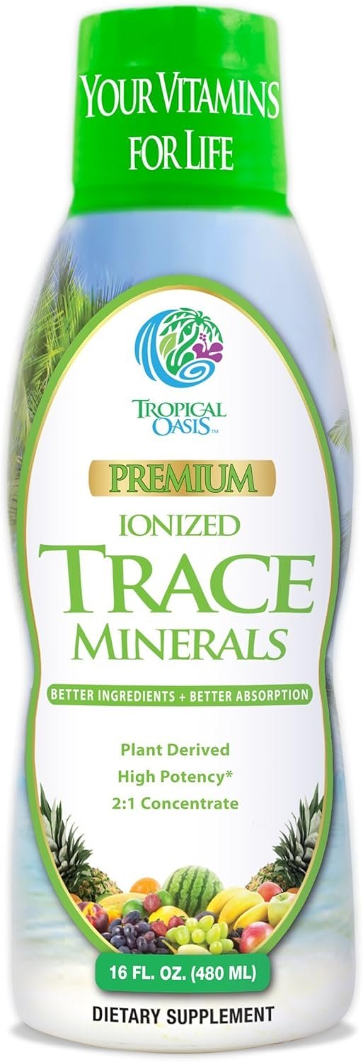 Tropical Oasis – Premium Ionized Plant Based Trace Minerals Liquid Formula- 74 essential minerals in liquid form for up to 96% Absorption – 16 oz, 32 servings