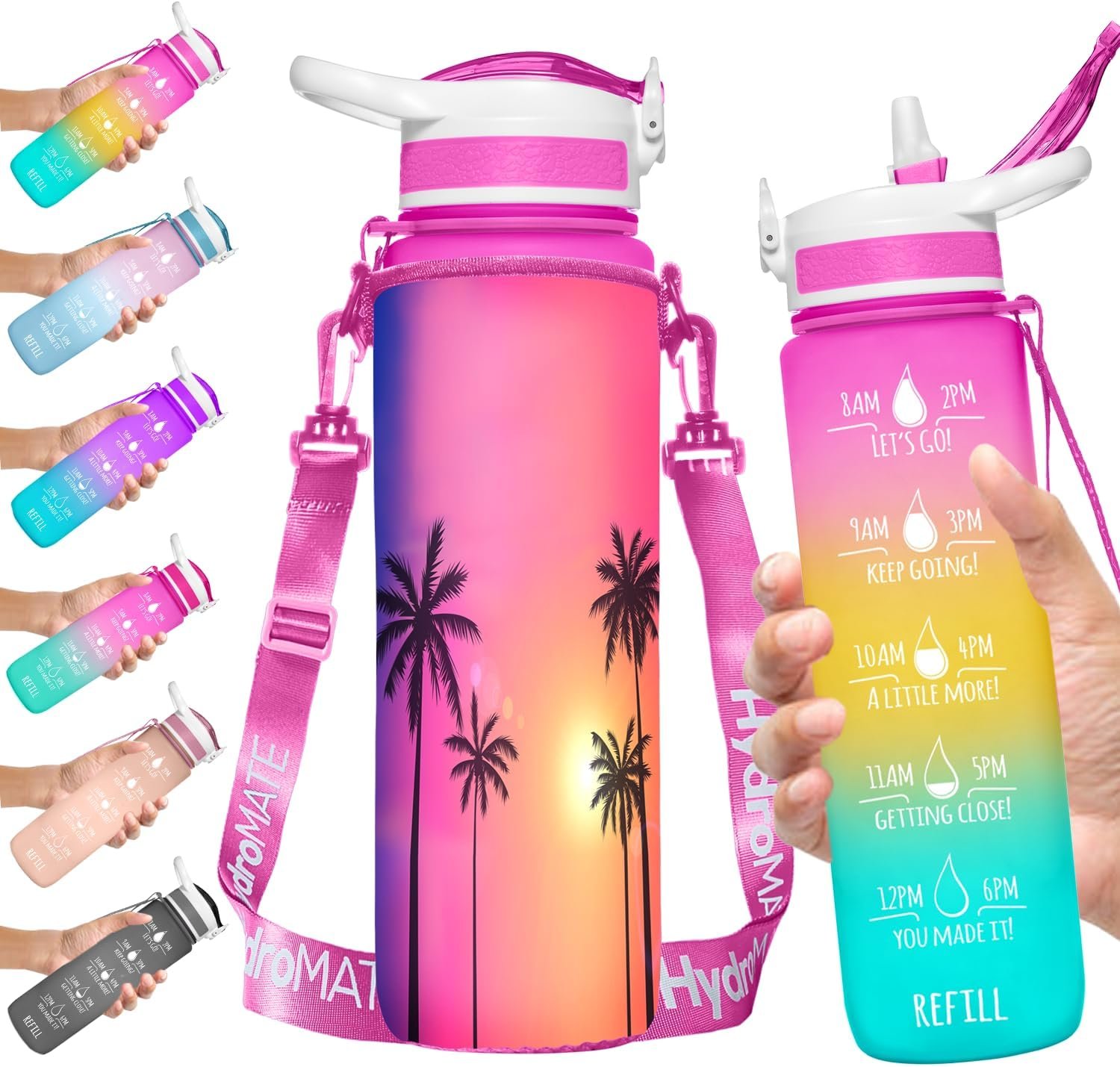 NatureWorks HydroMATE 32 oz Water Bottle with Time Markings Hourly BPA Free Reusable Leak Proof with Straw and Carrying Sleeve 1 Liter