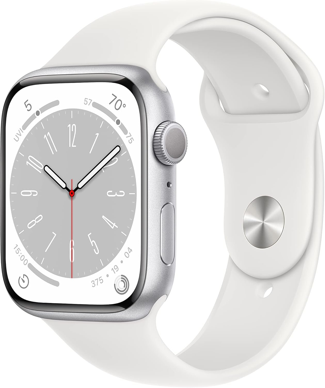 Apple Watch Series 8 [GPS, 45mm] – Silver Aluminum Case with White Sport Band, S/M (Renewed)