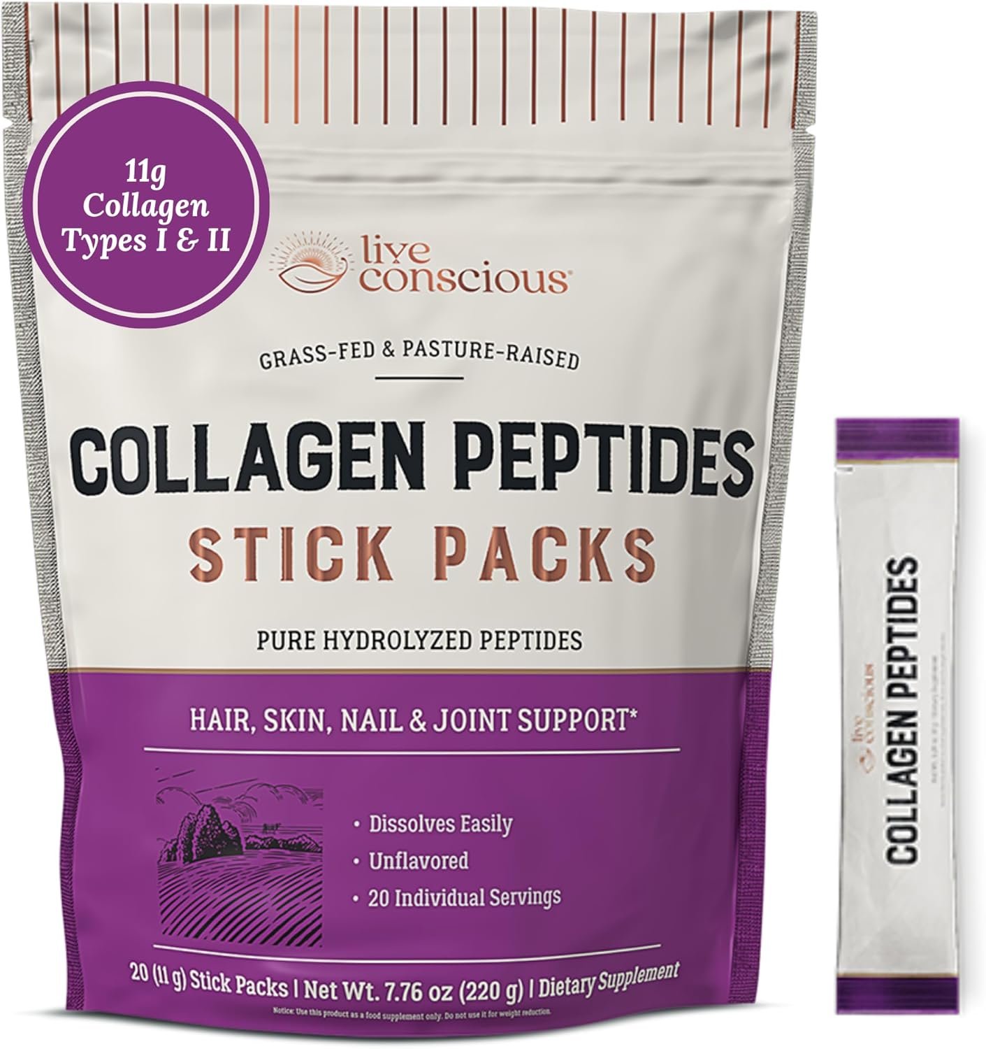 Live Conscious Collagen Peptides Powder Unflavored Packets – Hydrolyzed Collagen Powder – Hair, Skin, Nail, & Joint Support – Type I & III Grass-Fed Collagen Supplements for Women and Men – Pack of 20