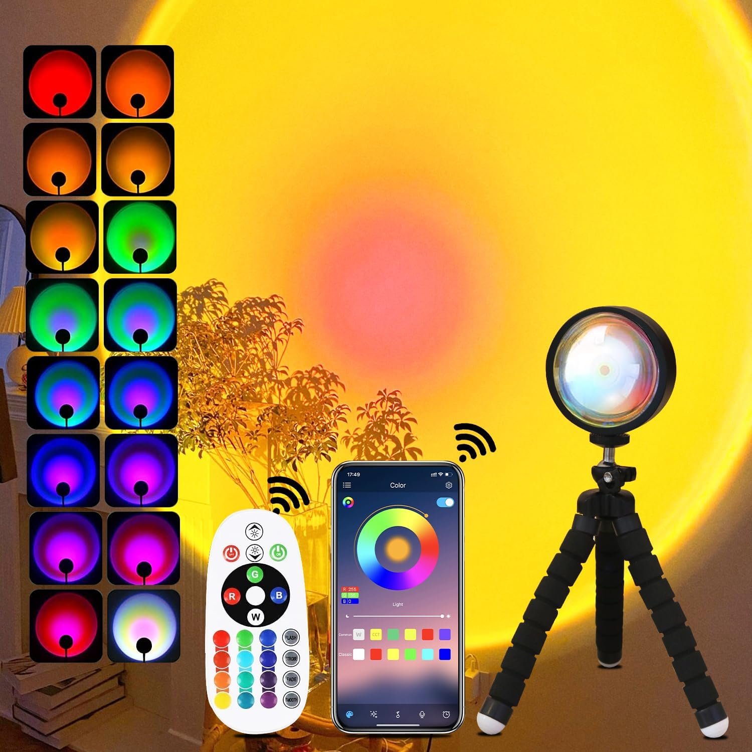 Sunset Lamp Projector Led Lights with Remote, Sunset Lamp for Bedroom Aesthetic Room and Decor Home 16 Colors Night Light 360° Rotation Rainbow Lights Gifts for Women