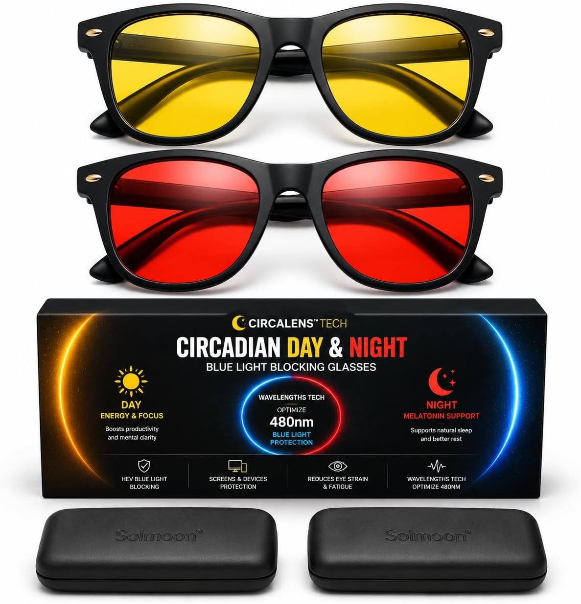 Solmoon – Blue Light Blocking Glasses – Circadian Duo System, Day Yellow Lens + Deep Night Red Lens, American Tritan™ BPA-Free Lenses, Includes 2 Hard Cases + Cleaning Cloth, Unisex Red Lens Glasses
