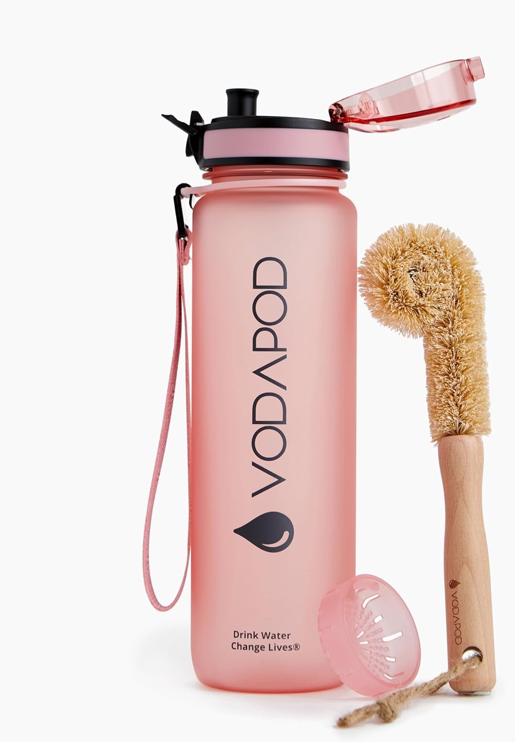 Motivational Water Bottle with Time Marker | 32oz Daily Water Intake Bottle | Gym Sports Water Bottle | Fruit Infuser Screen | 1 Liter BPA-Free Durable Leakproof with Eco-Friendly Brush (Rose)