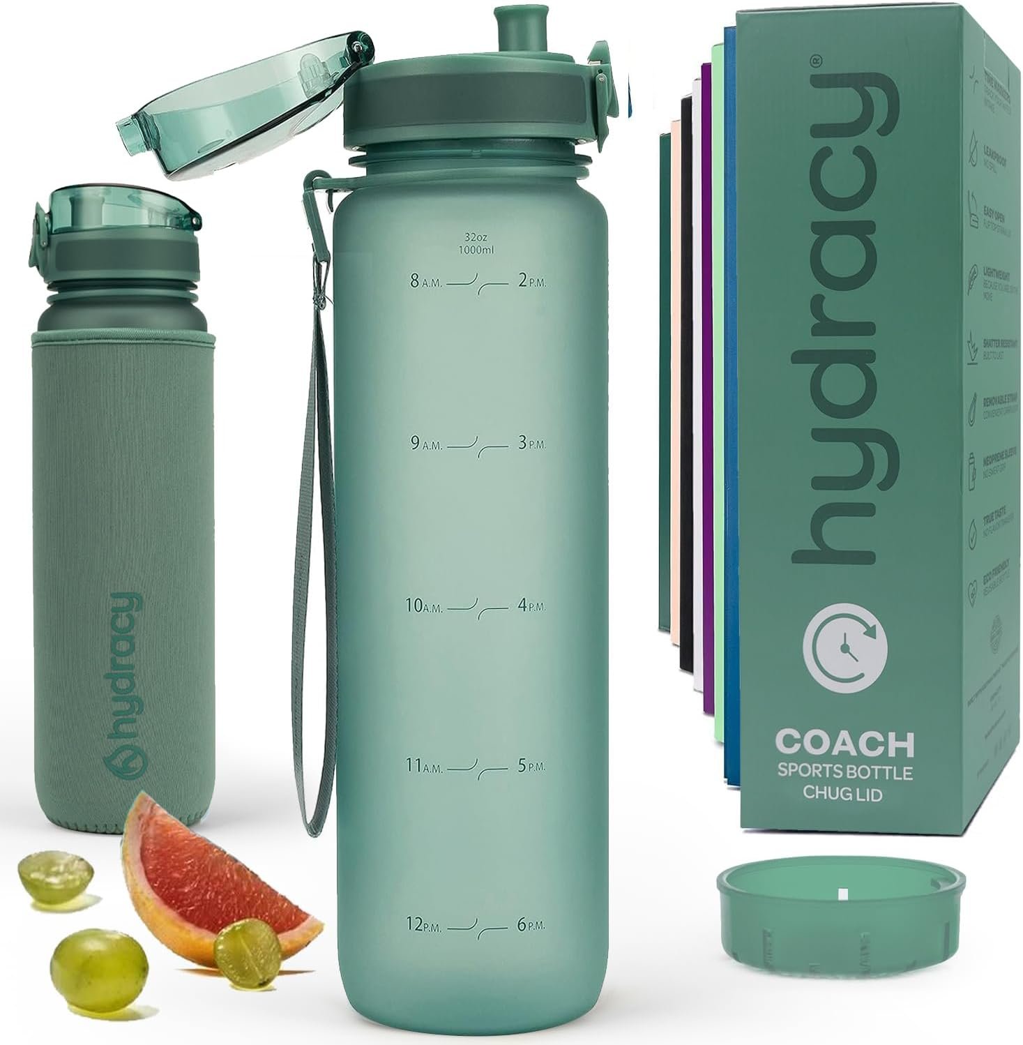 Hydracy Water Bottle with Time Marker – Large 32oz BPA Free & No Sweat Sleeve – Leak Proof Gym Bottle with Fruit Infuser Strainer & Times to Drink – Ideal for Fitness Sports & Outdoors
