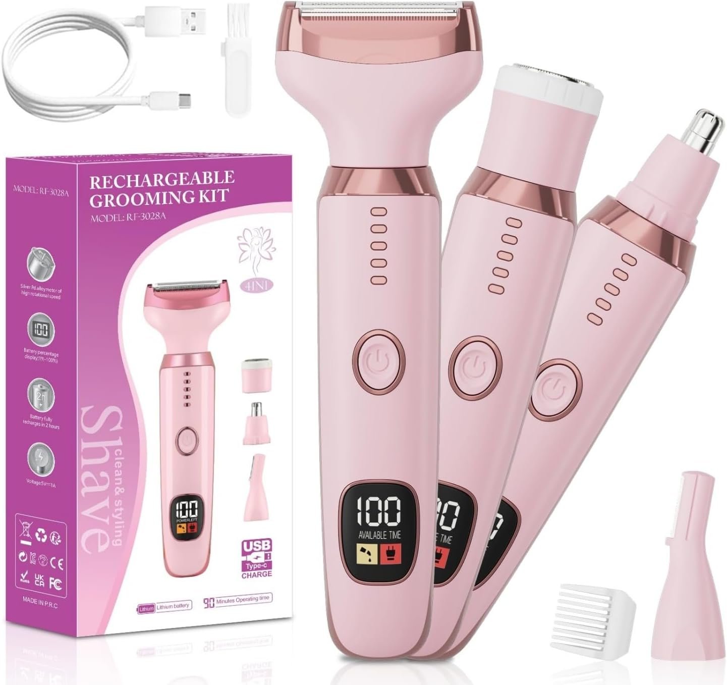 Electric Razors for Women, 4 in 1 Wet/Dry Body Shaver and Facial Hair Remover, Rechargeable LED Display Lady Razors for Women, Painless Trimmer for Nose Underarm Bikini Arms Legs, Pink
