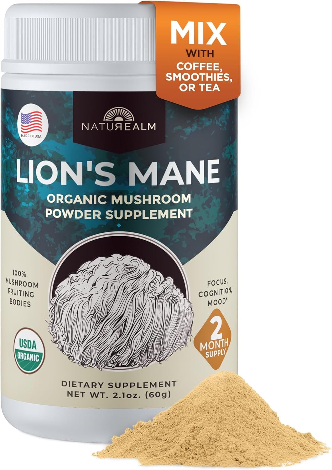 Naturealm Lions Mane Mushroom Powder Supplement | 30-Day Supply | Organic Lions Mane Powder | Brain Health, Focus & Memory Support | 100% Fruiting Body Extract | Vegan Coffee Supplement
