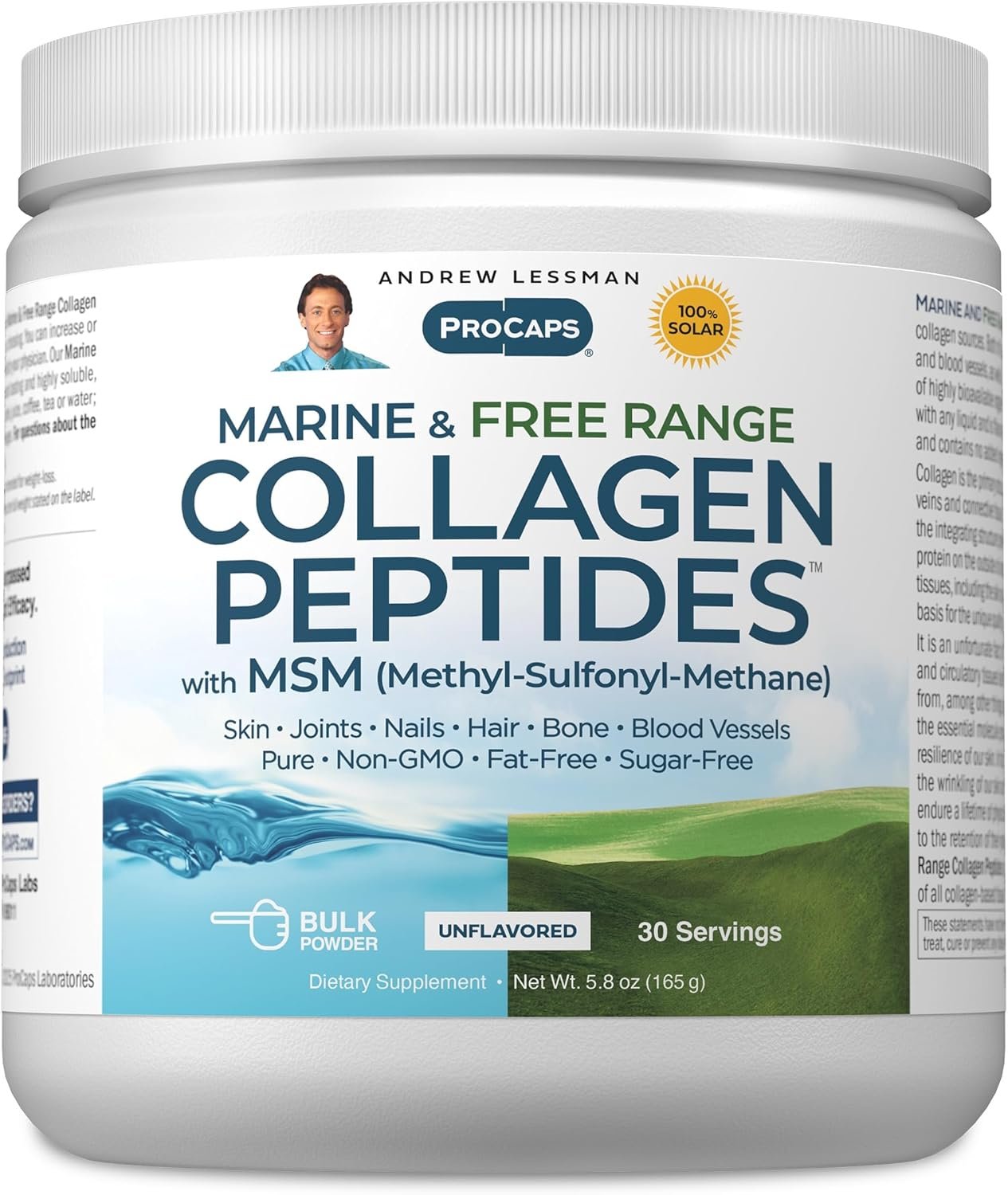 ANDREW LESSMAN Marine, Free Range Collagen Peptides Powder and MSM 30 Servings – Supports Radiant Smooth Soft Skin, Comfortable Joints. Super Soluble No Fishy Flavor No Additives Non-GMO