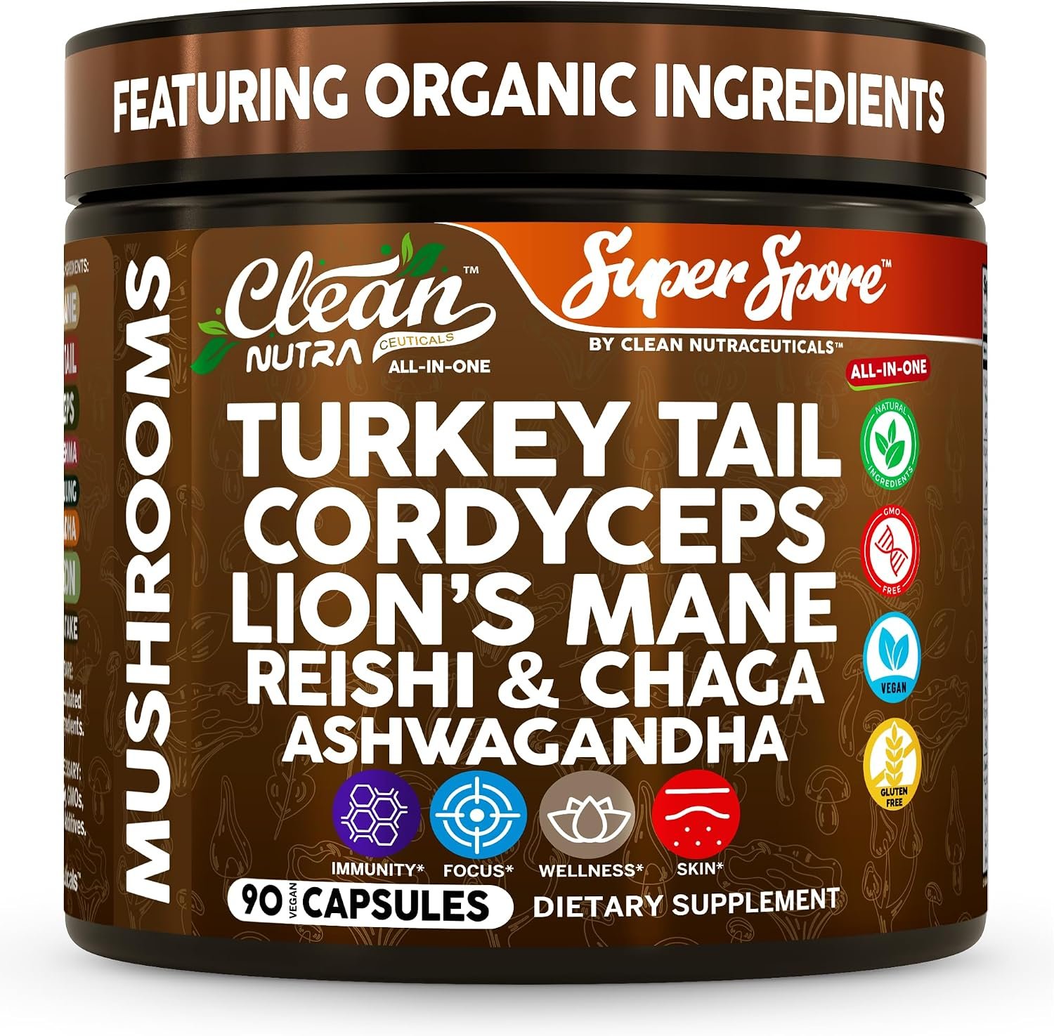 Organic Turkey Tail Mushroom Supplement Capsules | Lions Mane Cordyceps Reishi Chaga + Ashwagandha Stress Relief Nootropic Immunity Adaptogens Mood Support 90 Vegan Capsules By Clean Nutra