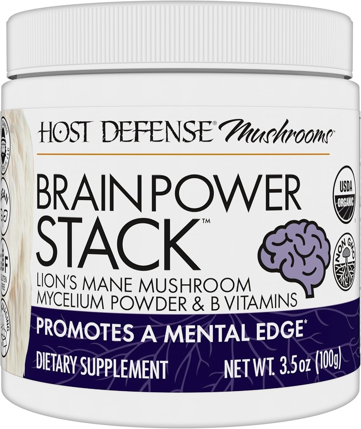 Host Defense BrainPower Stack Powder – Targeted Brain Support Supplement – Powder Mushroom Supplement with Lion’s Mane, Niacin (B3) & Vitamin B12 – Herbal Brain Support – 100g (66 Servings)