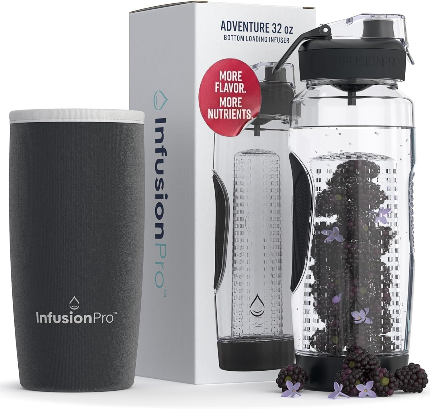 Infusion Pro 32 oz Fruit Infuser Water Bottle with Insulated Sleeve & 50 Recipe Fruit Infusion Water eBook : Bottom Loading, Large Water Infuser for More Flavor : Unique Gift Idea for Women