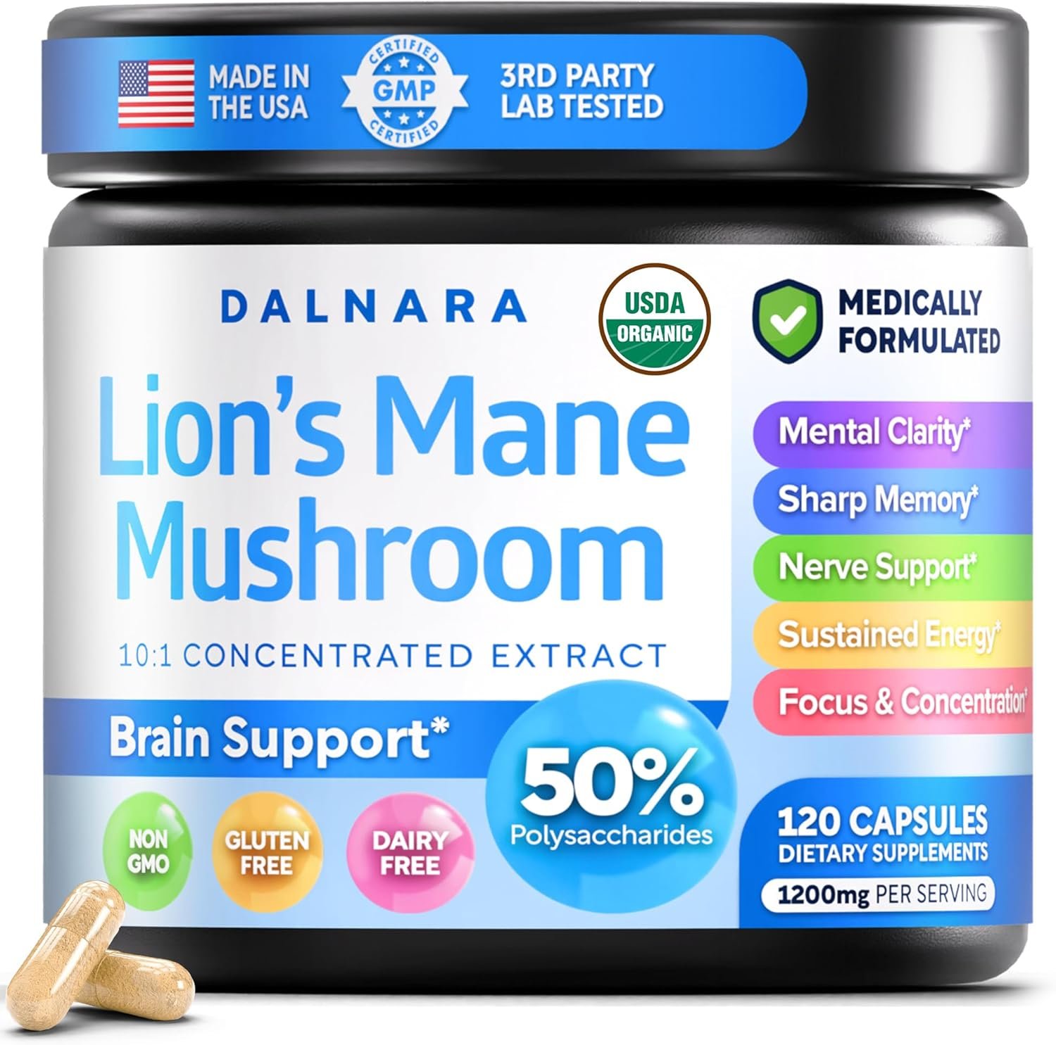 USDA Organic Lion’s Mane Extract, 50% Polysaccharides | Lions Mane Supplement Capsules, Lions Mane Mushroom, Cognitive Support, Memory Focus, Hericium Mushroom, Non-GMO, Vegan, 120 Vegan Capsules