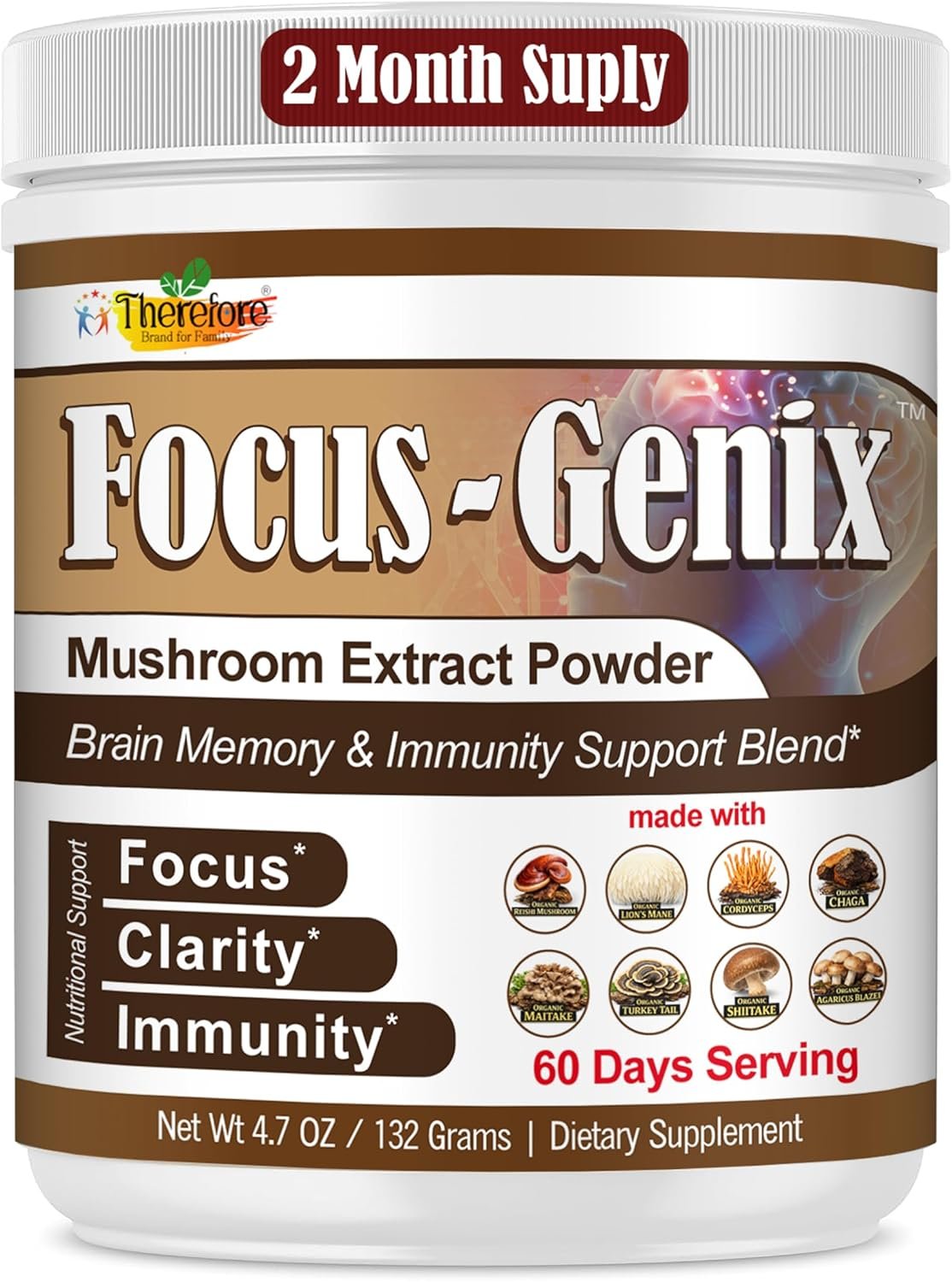 Therefore Lion’s Mane Mushroom Powder Supplement – 10 Mushroom Complex with Reishi, Chaga, Cordyceps & Turkey Tail – Vegan Non-GMO Mushroom Powder, 60 Servings