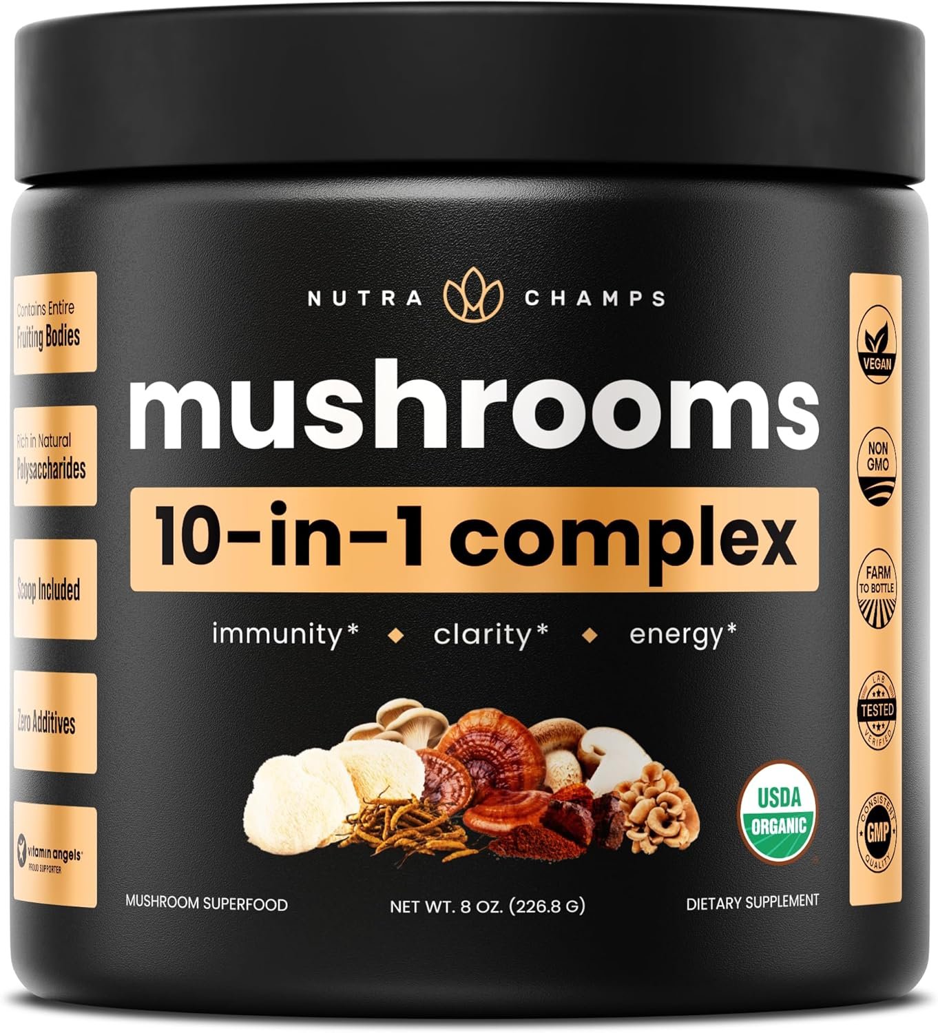 NutraChamps Organic Mushroom Powder – 10-in-1 Complex – Mushroom Supplement Powder Blend for Memory, Focus & Immune Support – 8oz (8.0 OZ, Mushroom Blend)