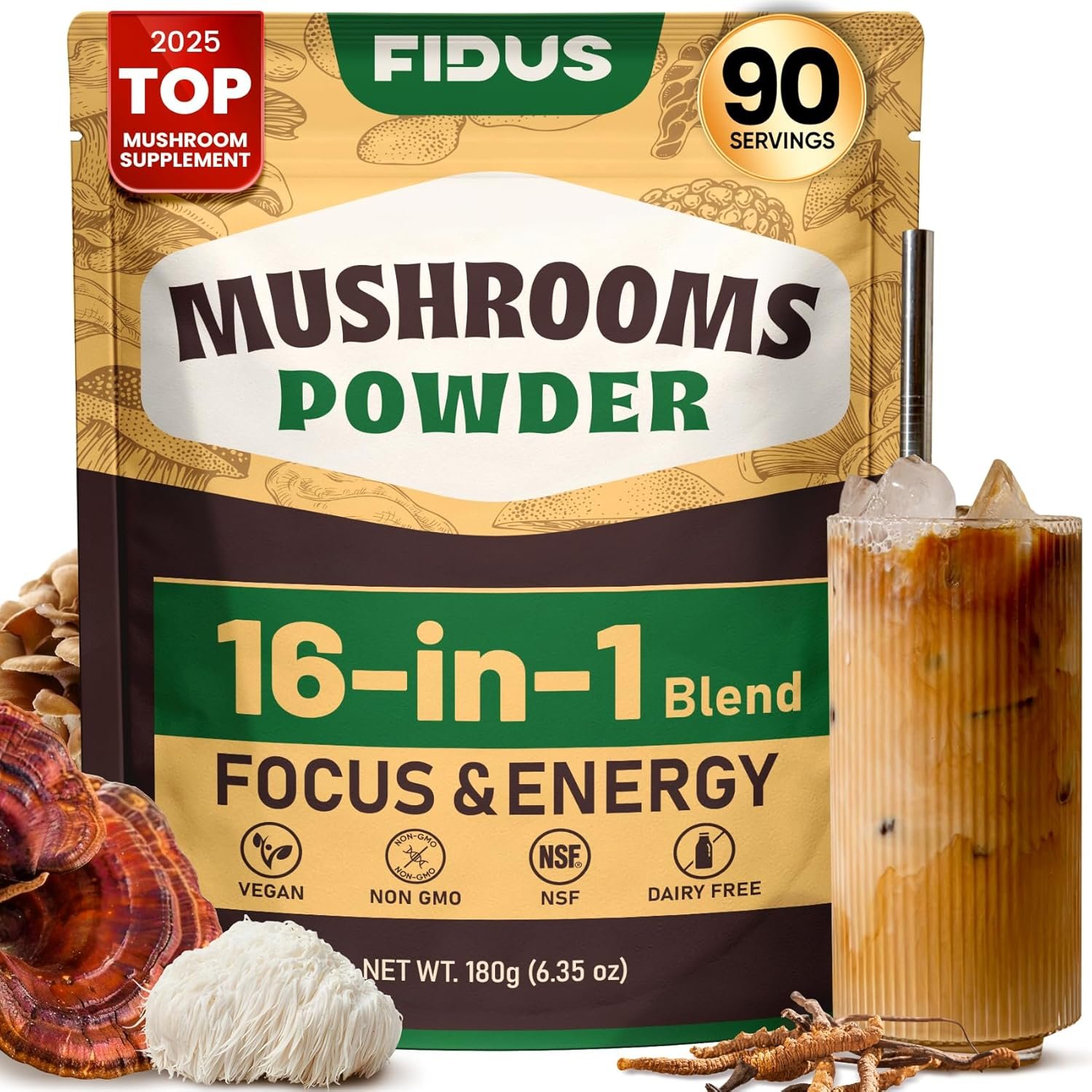 Fidus 16 Mushroom Supplement Powder with 1,730mg per Serving, 90 Day Servings Mushroom Coffee Alternative for Immunity, Focus & Energy with Ashwagandha, Lion’s Mane, Reishi, 100% Fruiting Bodies