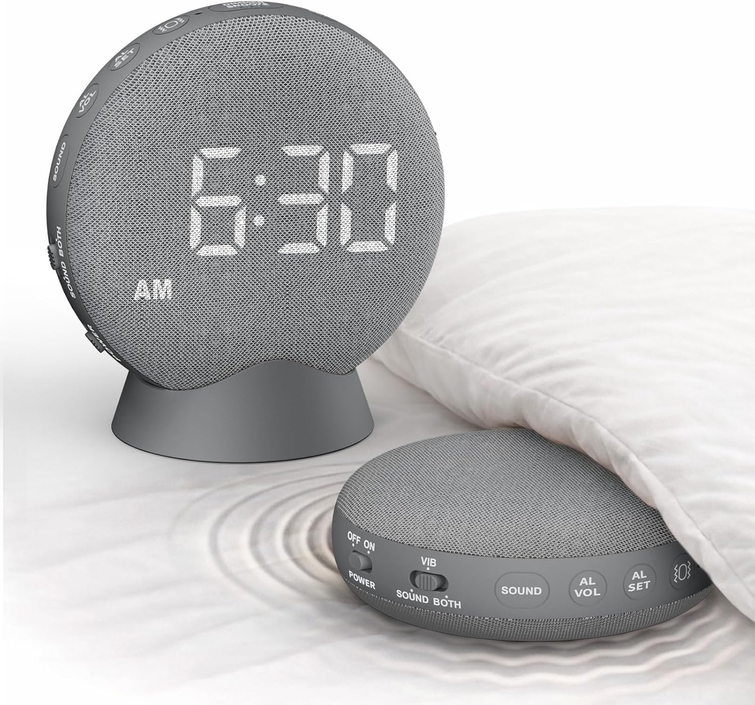 SolaceRise Super Loud Alarm Clock for Heavy Sleepers: Vibrating Digital Auto-Dim Clock with Bed Shaker for Hearing Impaired – Portable Rechargeable Battery for Bedroom Travel Dorm – Gray