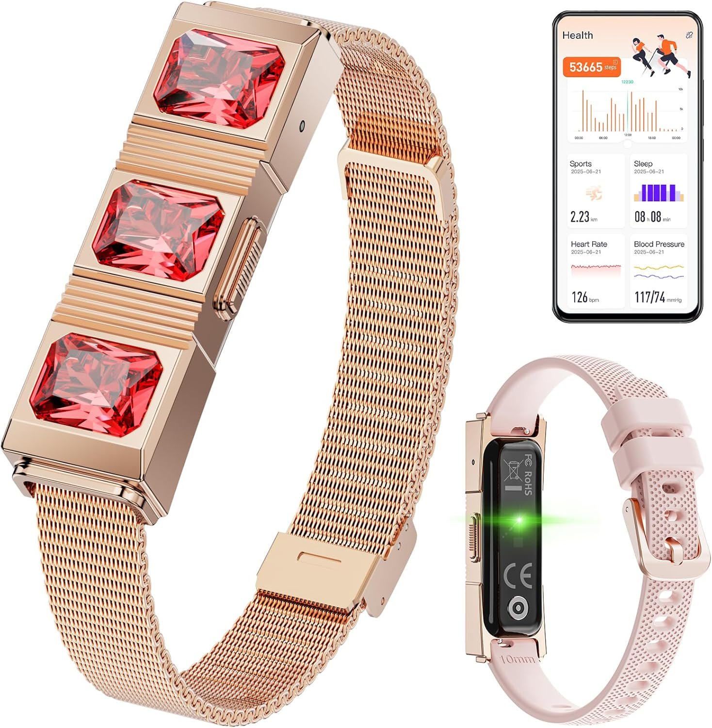 Women’s Smart Bracelet with 2 Bands, Health Fitness Tracker, 24/7 Heart Rate/Blood Oxygen/HRV/Sleep Monitor, Fashion Ruby Wristband with Message/Call Reminder Free Subscription