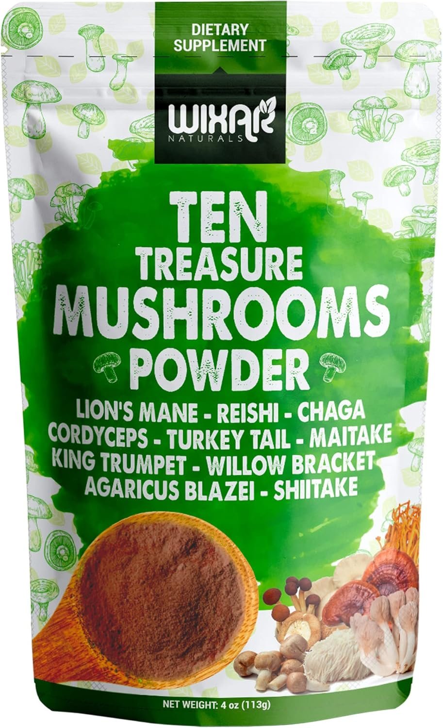 Wixar Mushroom Powder – Ten Treasure Mushrooms Extract Supplement Blend for Coffee & Smoothies – Lions Mane, Turkey Tail, Reishi, Chaga, Shiitake, Cordyceps, Complex – 4oz Mushroom Supplement