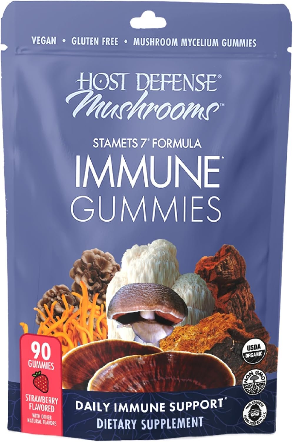 Host Defense Immune Gummies – 7 Species Blend – Mushroom Supplement for Immune Support – Includes Royal Sun Blazei, Cordyceps, Reishi, Maitake, Lion’s Mane, Chaga & Mesima – 90 Gummies (30 Servings)