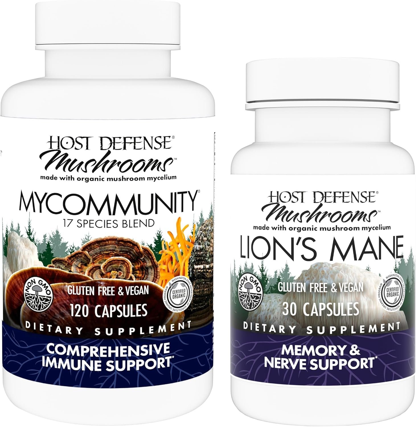 Host Defense MyCommunity Capsules, 120 Count & Lion’s Mane Capsules, 30 Count – Support Immune Health with 17 Species Mushroom Blend – Support Brain Health, Memory & Focus