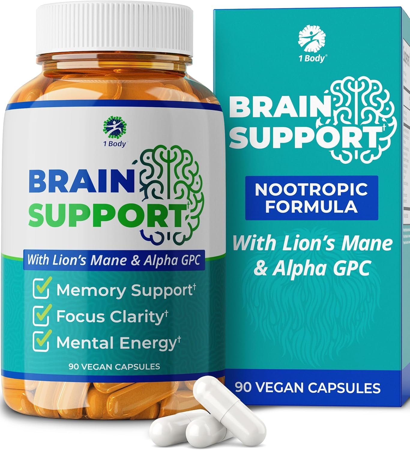 1 Body Brain Supplement – Nootropic Brain Booster with Alpha GPC, Ginkgo & Bacopa – 90 Vegan Capsules – Memory Supplement for Brain Support, Focus Pills, Brain Fog Supplements for Women and Seniors