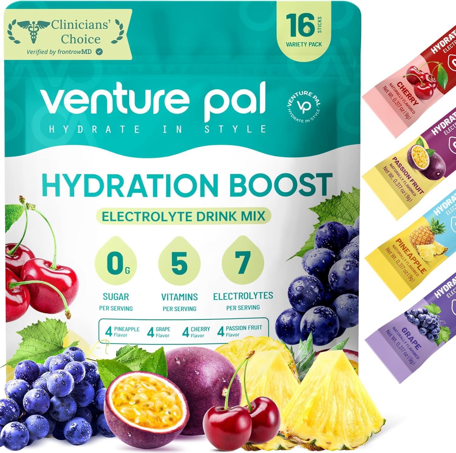 Venture Pal Sugar Free Electrolyte Powder Packets – Liquid Daily IV Drink Mix for Rapid Hydration & Party Recovery | 5 Vitamins & 7 Electrolytes| Keto Friendly | Non-GMO | Certified Vegan | 16 Sticks