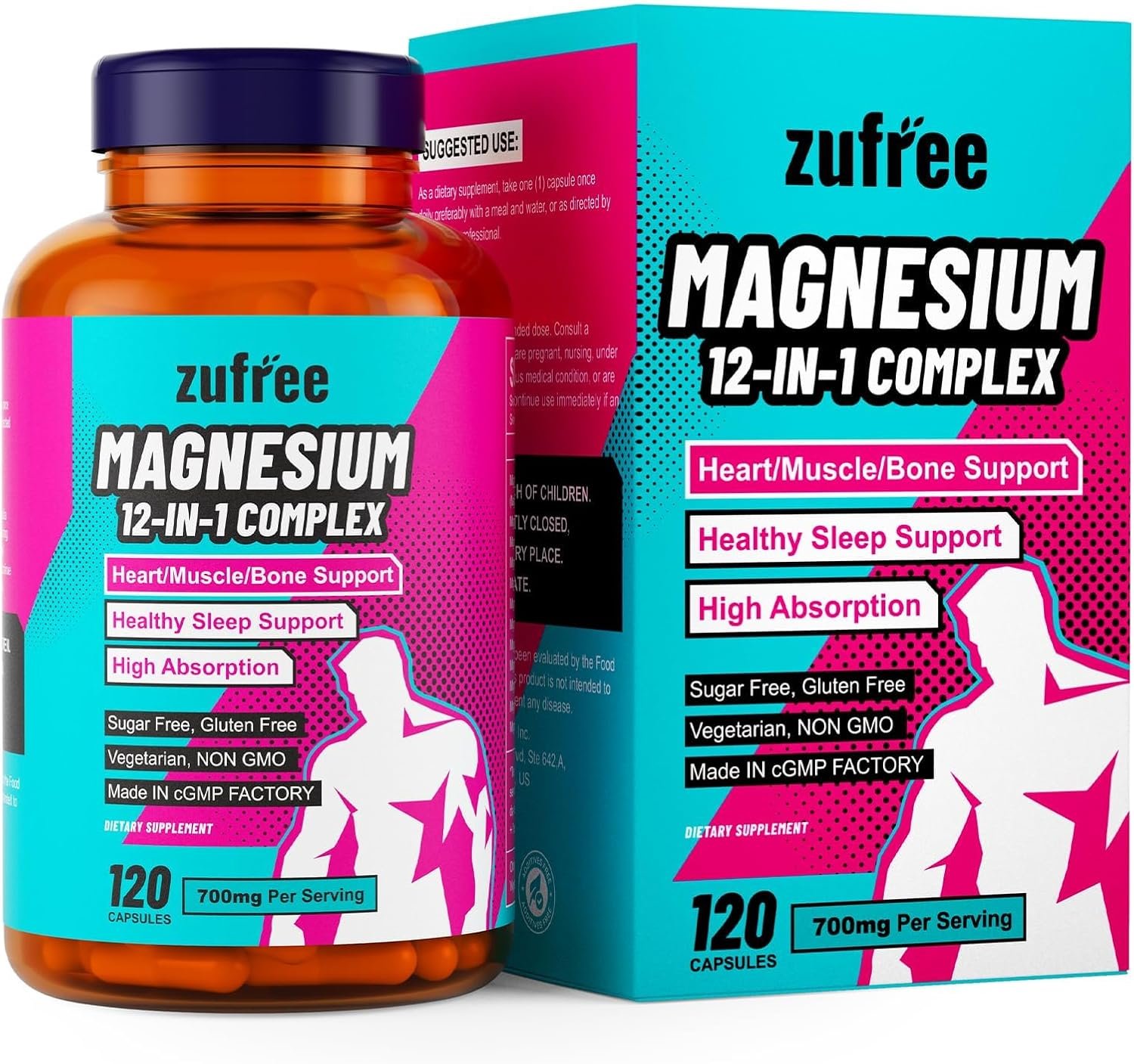 Magnesium 12 in 1 Complex Supplement 700mg Per Serving – 100% Chelated Purified High Absorption Magnesium Glycinate for Women & Men – 120 Capsules – Support Sleep Heart Muscle Bone Health